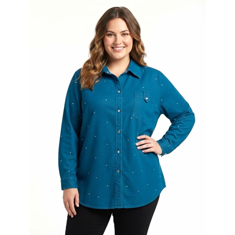 Quacker Factory Top 3X Blue Rhinestone Studs Stretch Button Front LS Bust 54"
